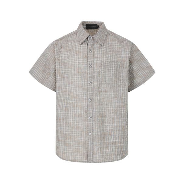 Men's Clothing Fixed Color Woven Plaid Seersucker Cross Yoke Loose Silhouette Short Sleeved Shirt_viptrois.com