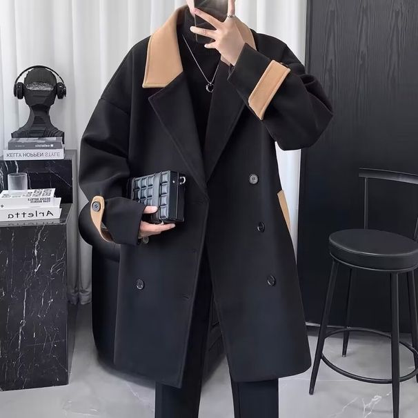 High-End Chic British Style Wool Coat For Men, Winter Thickened Korean Version Woolen Trench Coat, Mid-Length_viptrois.com