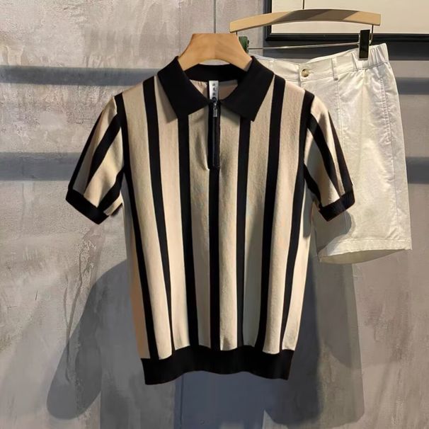 Men's Clothing Knitted Short Sleeved Summer Knit Short Sleeve Shirt Slim Fit Casual Turn-Down Collar T-Shirt Breathable Comfortable For Daily Wear_viptrois.com