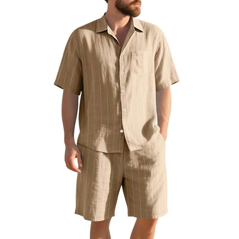 Men's Linen Stripe Short Sleeve Shirt & Casual Shorts Set – Breathable Summer Outfit For Beach & Travel Men's Sets_viptrois.com