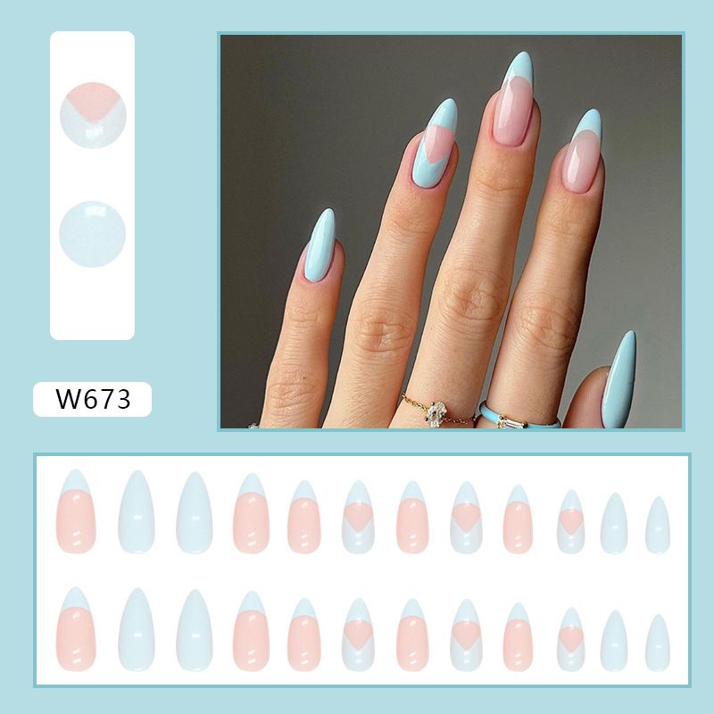 Nails Art Sweet And Greasy Blue Green Round Head False Nails Spring And Summer Fresh Light Luxury Wearable Nail Pieces_viptrois.com