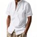 Men's Linen Shirt Short Sleeve, Casual Solid Color Stand Collar Open Front Shirt, Lightweight Breathable Summer Beach Shirt_viptrois.com