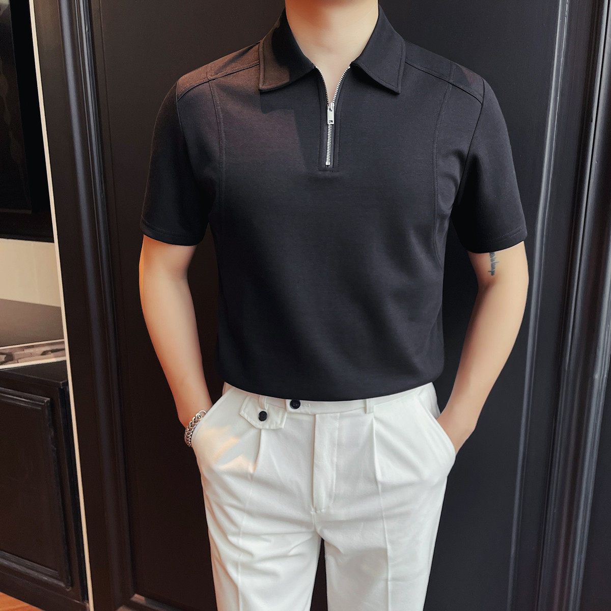 Business Casual Men's Short Sleeved Polo Shirt Turn down Collar Half Zip Breathable New Summer Style Secretly Sent_viptrois.com