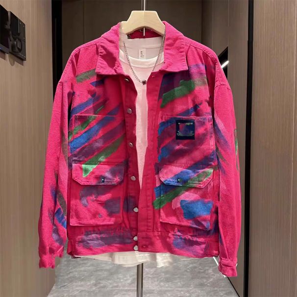 Men's Clothing Spring and autumn hand painted denim jacket for women brand loose tops couples casual internet celebrity lapel jacket_viptrois.com