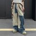 Vintage American Streetwear Washed Denim Pants Unisex Distressed Wide-Leg Jeans With Color Blocking And Curved Hem_viptrois.com