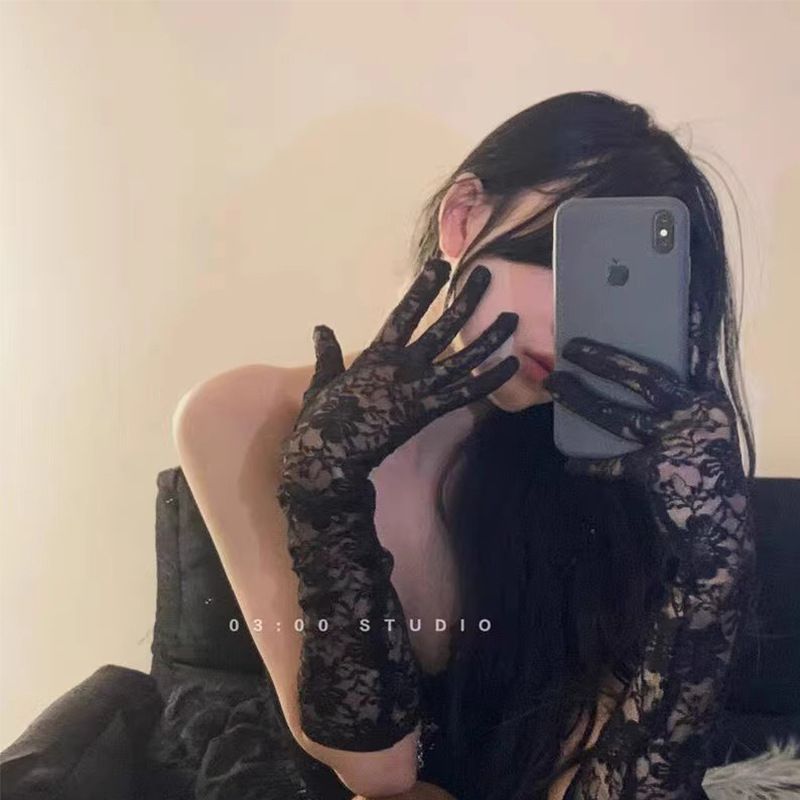 2024 Mesh Lace Bridal Gloves Women's Evening Dress Wedding Veil Black Sexy Arm Sleeves_viptrois.com