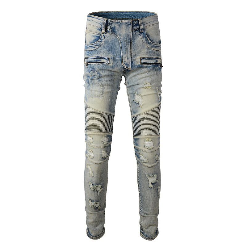 Men's Clothing Hand Worn Beggar Style Old Slim Elastic Trendy Brand Tailored Motorcycle Jeans American Men's Denim 979_viptrois.com