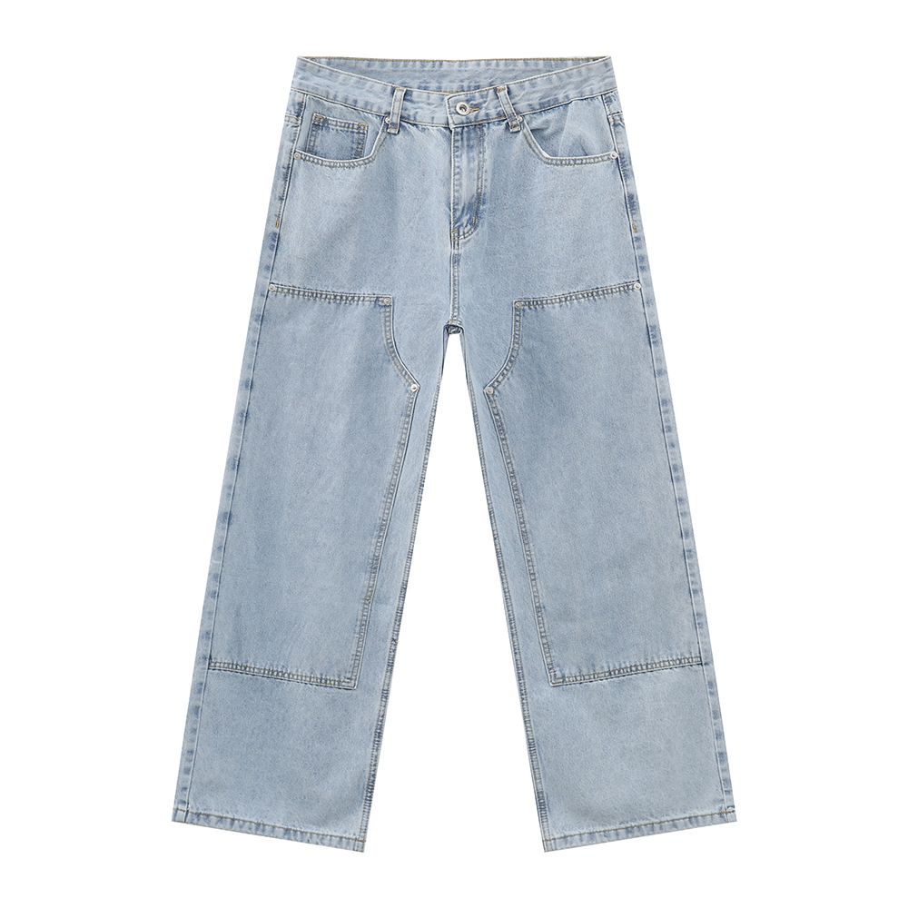 Men's Clothing Four Seasons Korean Style Bright Line Deconstruction Light Blue Straight Washed Loose Jeans Trend_viptrois.com