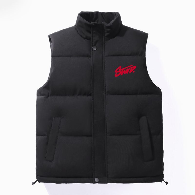 Men's Quilted Vest With Windproof Design, Letter Print, Thickened Polyester Fill, Casual Wear For Autumn & Winter_viptrois.com