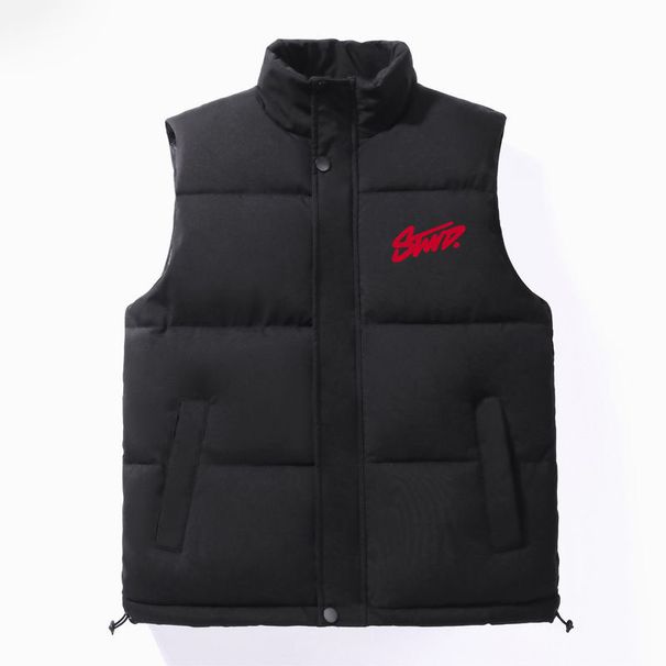 Men's Quilted Vest With Windproof Design, Letter Print, Thickened Polyester Fill, Casual Wear For Autumn & Winter_viptrois.com
