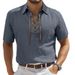 Men's Clothing Summer New European And American Men's Cotton And Linen Solid Color Lapel Short Sleeved Shirt Lapel Tie Simple Pullover Shirt_viptrois.com