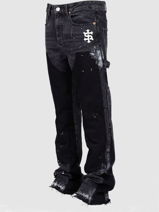 Men's Clothing Men's Denim Cargo Pants, European And American Style, Popular On Instagram, Stretch Patch Denim Flared Pants 013_viptrois.com