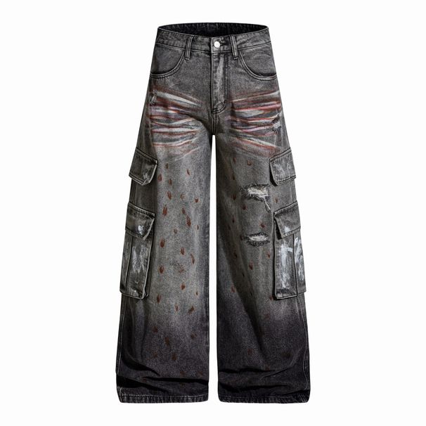 Post-Industrial Heavy-Duty Dirty Vintage Workwear Denim Men's Niche High Street Ink-Splattered Tie-Dye Ripped Wide-Leg_viptrois.com