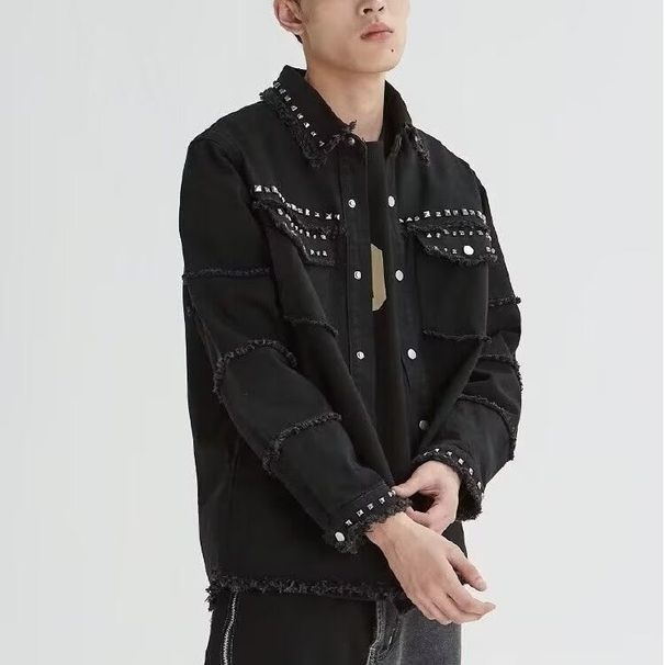 Men's Clothing Niche High Street Distressed Metal Punk Raw Edge Denim Jacket Trendy Design Loose Black Workwear Jacket_viptrois.com