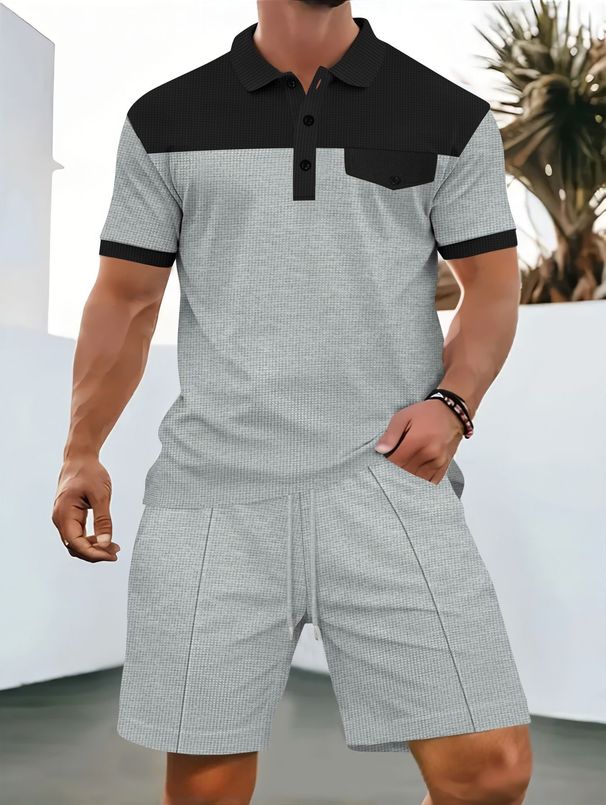 Men's Clothing Men's New Waffle Button Solid Color Lapel Short Sleeved T Shirt Shorts Casual Suit_viptrois.com