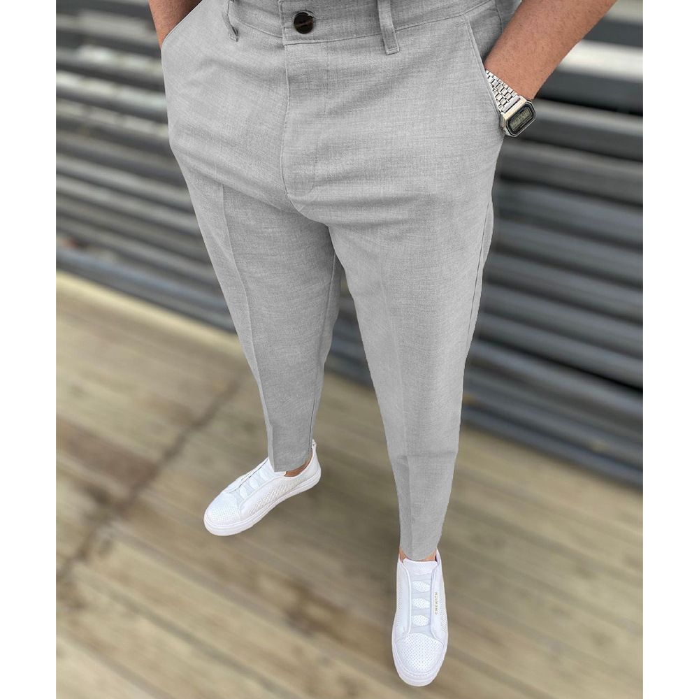 Men's Mid-Waist Solid Color Casual Pants Slight Elastic Midweight Polyester Trousers For Spring Autumn Winter_viptrois.com