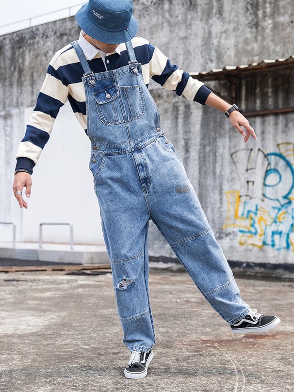 Man's clothing Men's denim overalls couple ripped loose straight jumpsuit wide leg overalls suspenders ins Daddy pants_viptrois.com