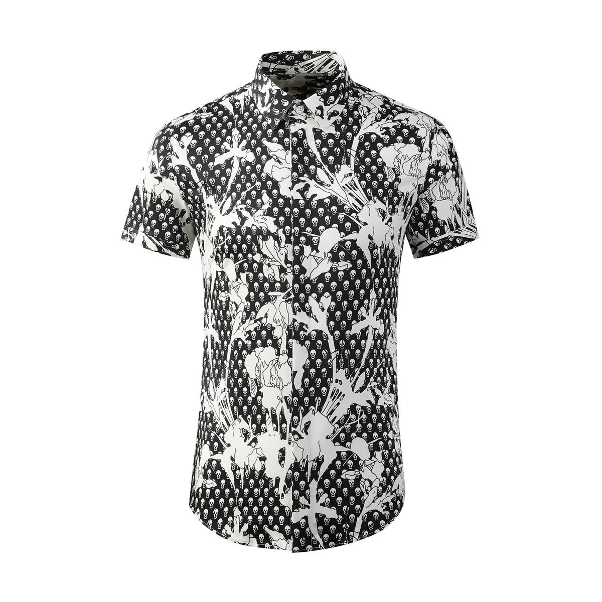 Men's Short Sleeve Cotton Shirt With Skull Digital Print - Slim Fit, Breathable & Stylish For Casual Wear_viptrois.com