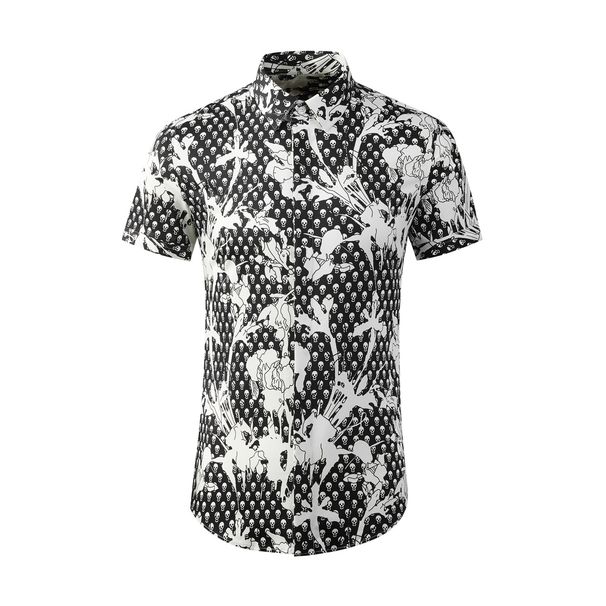Men's Short Sleeve Cotton Shirt With Skull Digital Print - Slim Fit, Breathable & Stylish For Casual Wear_viptrois.com