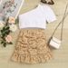 Mother & Kids Children's Clothing For Girls, Irregular Striped Oblique Shoulder Pullover, Floral Shrunken Ruffled Short Skirt, Children's Suit_viptrois.com