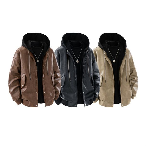 Men's Clothing American Retro PU Leather Men's Hooded Leather Jacket Spring And Autumn Thin Leather Jacket Loose Trendy Casual Tops_viptrois.com