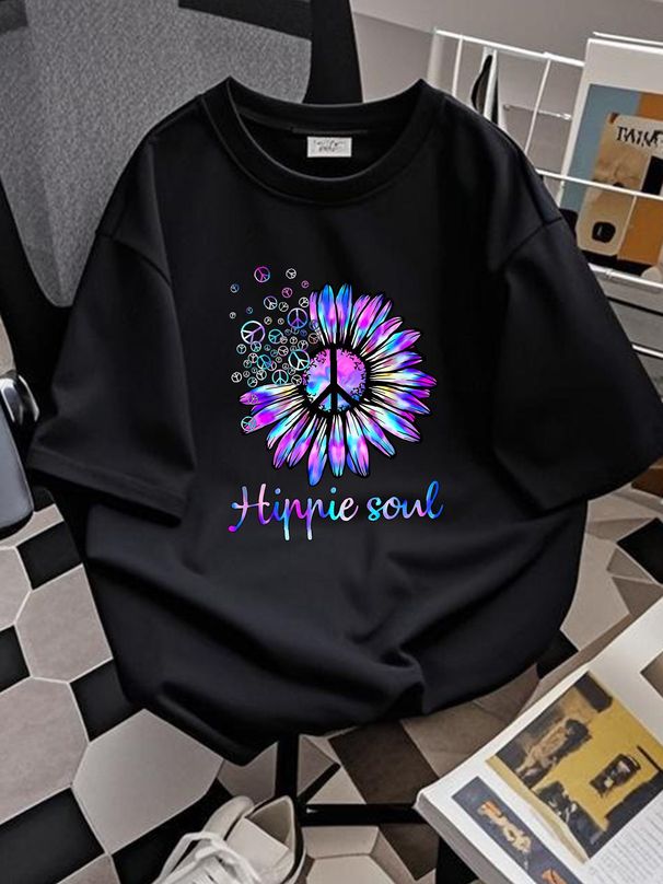 Hippie Soul Psychedelic Daisy Peace Sign T-Shirt Unisex Fashion Streetwear Designer Clothes Casual Stretched Summer Graphic Comfortable Breathable_viptrois.com