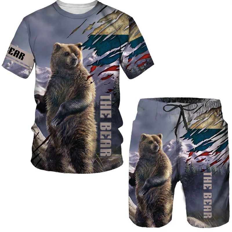 Russian Bear 3D Print Men's Summer Sportswear Set Casual Short Sleeve T-Shirt Fashionable Streetwear_viptrois.com