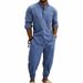 Men's Linen Blend Casual Shirt & Pants Set | Breathable Jacquard Stripe Loose Fit Loungewear For Spring Summer_viptrois.com