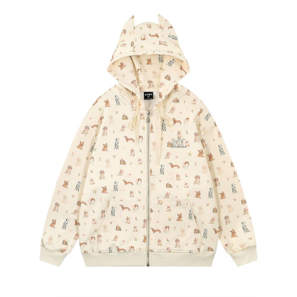 Full Print Animal Puppy Horn Ears Hooded Jacket Casual Loose Men's Autumn Winter Trendy Cardigan Sweatshirt_viptrois.com