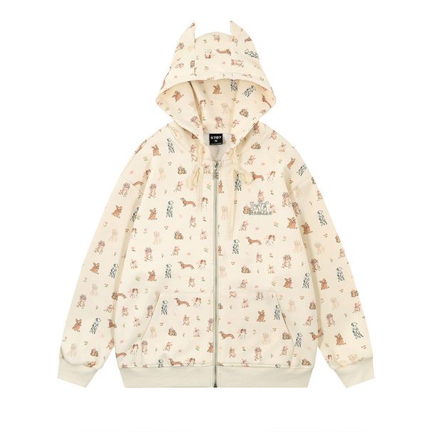 Full Print Animal Puppy Horn Ears Hooded Jacket Casual Loose Men's Autumn Winter Trendy Cardigan Sweatshirt_viptrois.com