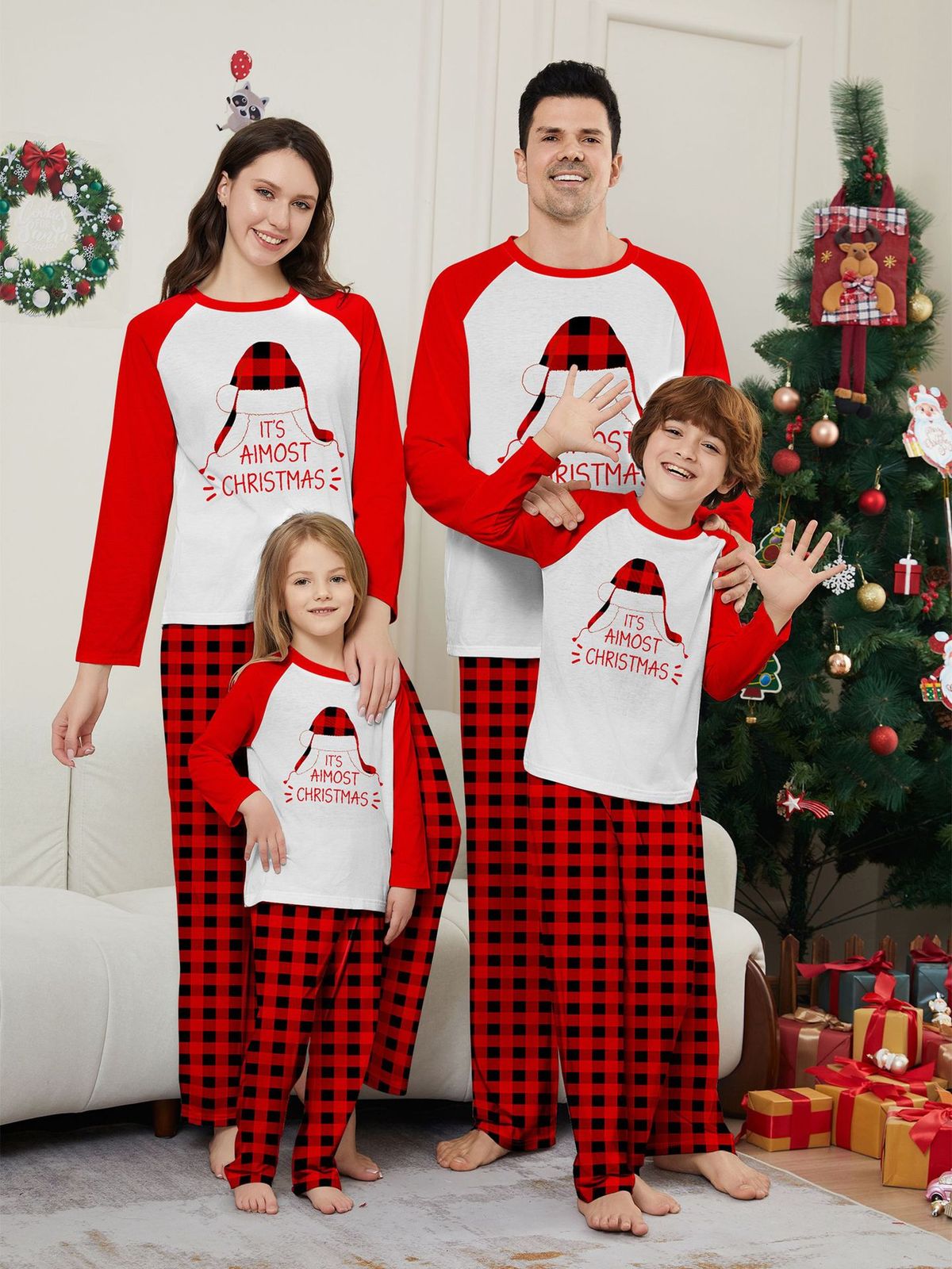 Christmas Santa hat alphabet plaid Christmas family suit printed home clothes pajamas_viptrois.com