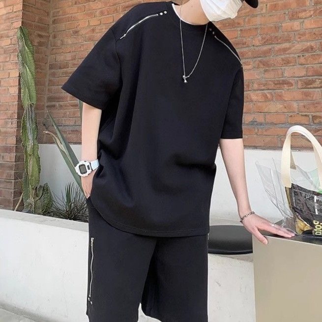 Men's Clothing Zipper Design Short Sleeved T Shirt Sports Suit Men's Summer Casual Shorts Two Piece Suit_viptrois.com