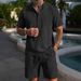 Men's Short Sleeved Henley Collar Cotton Linen Shirt And Shorts Set Solid Color Cuban Guayabella Popular Style_viptrois.com