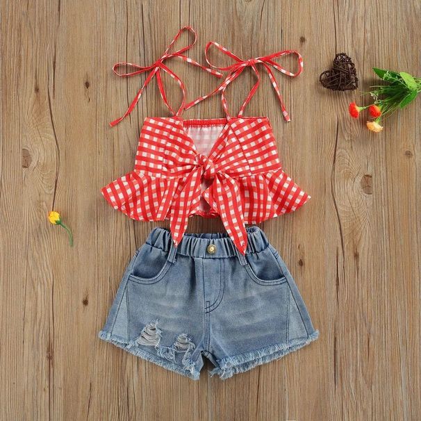 Baby Clothing Stylish girl suit Halter plaid ruffled tank top + denim shorts suit_viptrois.com