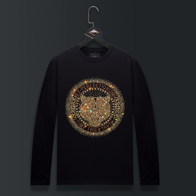 Men's Clothing Long Sleeved T Shirt Hot Diamond Tiger Head Heavy Round Neck Spring And Autumn Bottoming Shirt_viptrois.com