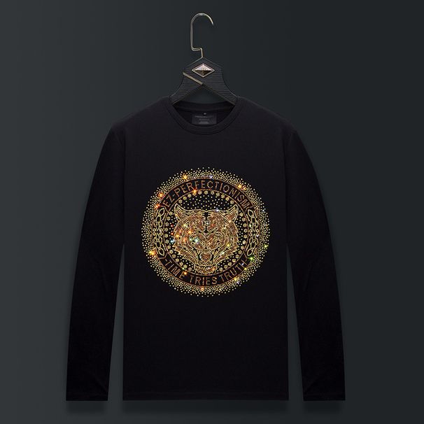 Men's Clothing Long Sleeved T Shirt Hot Diamond Tiger Head Heavy Round Neck Spring And Autumn Bottoming Shirt_viptrois.com