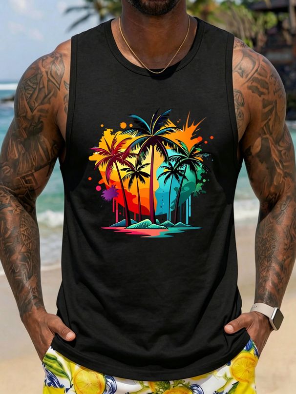 Canotta Uomo Girocollo 100% Cotone Stampa Palme Colorata Confortevole Traspirante Senza Maniche Vacanze Quotidiano Estivo Multicolore_viptrois.com
