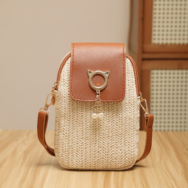Trend Straw Mobile Phone Bag Pearl Tassel Bag Cover Female Bag One-shoulder Crossbody Bag_viptrois.com