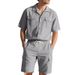 Men's Solid Color Short Sleeve Two Piece Set Casual Workwear Sports Loose Fit Cotton Polyester Linen Blend For Summer - Black Gray Khaki_viptrois.com