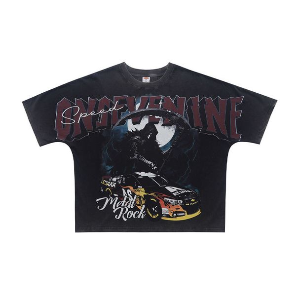 American Vintage Racing Grim Reaper All-over Print Washed Distressed Loose One-piece Cut Short-sleeve T-shirt_viptrois.com