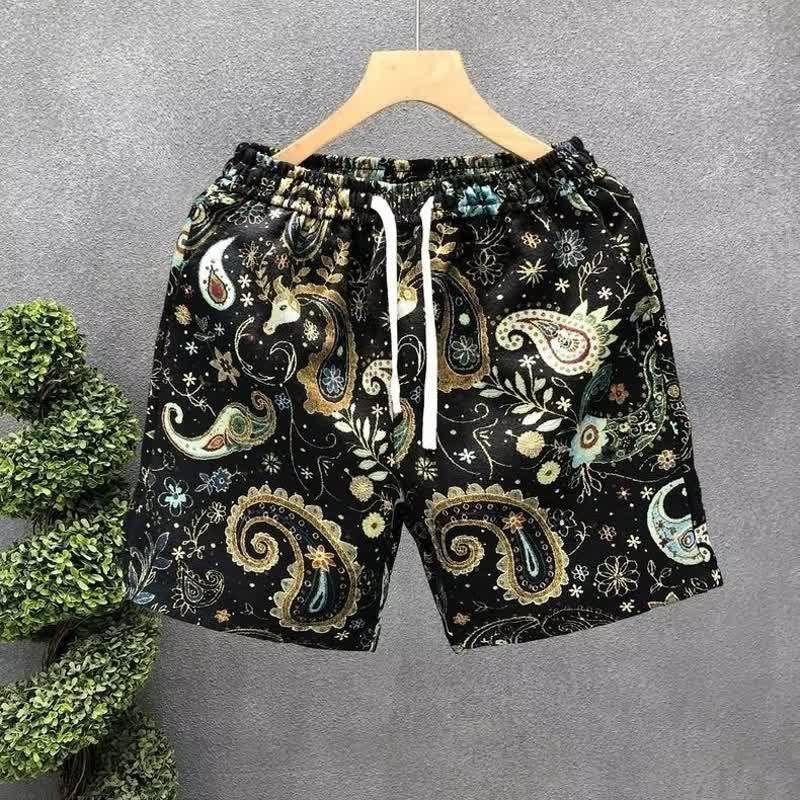 Men's Summer Floral Print Loose Fit Wide Leg Shorts Ice Silk Quick Drying Casual Trendy Five Point Pants_viptrois.com
