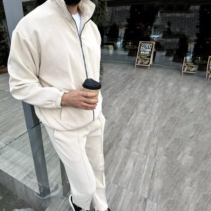 Men’s Clothing Suits Casual Lapel Zipper Solid Color Jacket And Trousers Two Piece Suit_viptrois.com