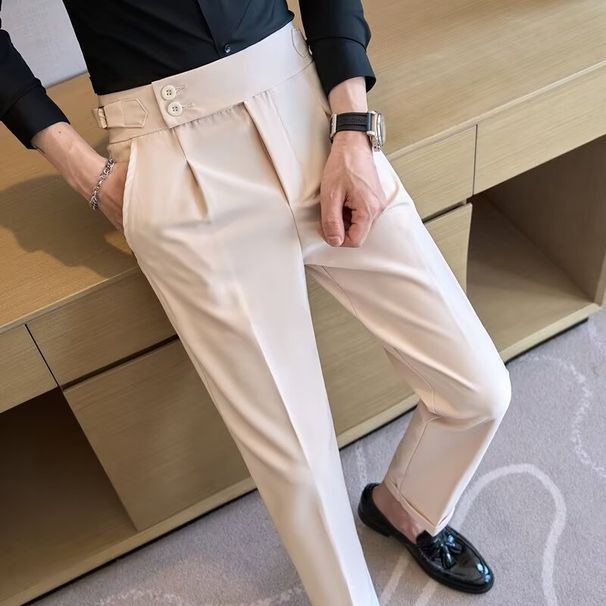 Men's Clothing Naples High Waist Trousers Men's Drape Slim Fit Business Trend Straight Casual Trousers Black Suit Trousers_viptrois.com
