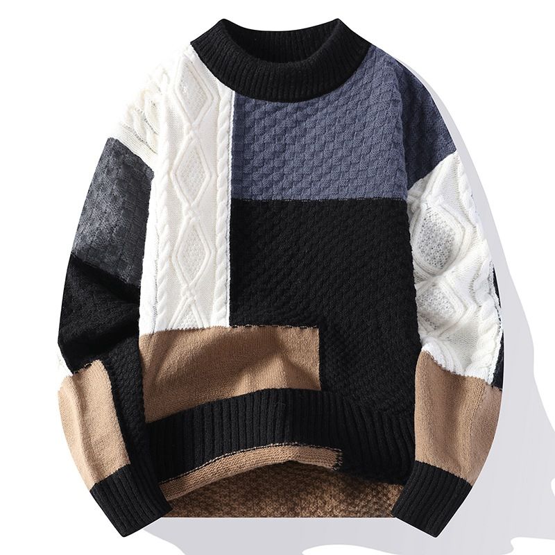 Men's Winter Knit Sweater Thickened Pullover With Color Block Design, Breathable Polyester, Loose Fit High Neck Long Sleeve_viptrois.com