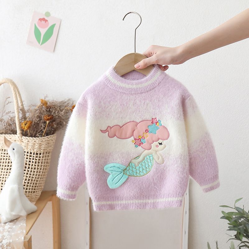 "Mermaid-Themed Velvet Knit Sweater For Girls – Soft Round Neck Winter & Autumn Layering Piece"_viptrois.com