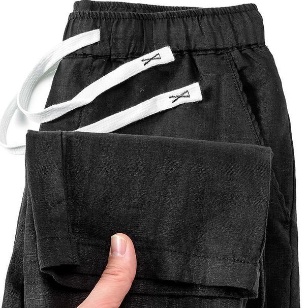 Men's Clothing Summer Thin Solid Color Simple Casual Pants Pure Linen Breathable Elastic Waist New Trousers_viptrois.com