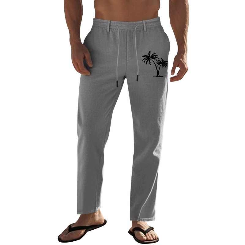 Men's Loose Casual Sports Pants Retro Breathable Linen With Coconut Tree Print_viptrois.com