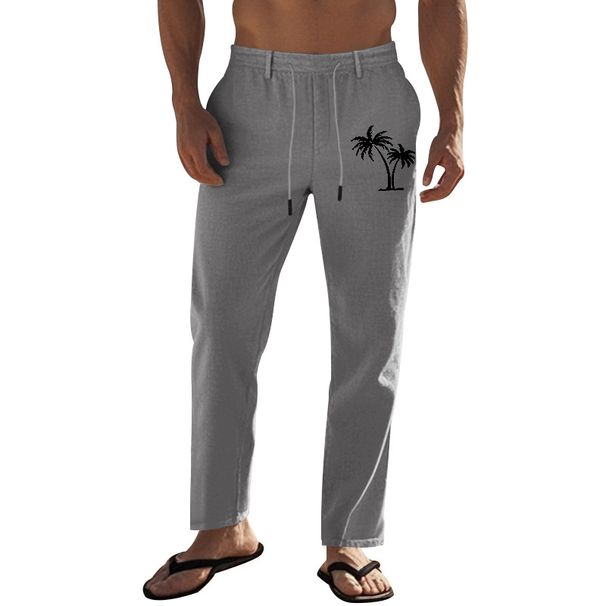 Men's Loose Casual Sports Pants Retro Breathable Linen With Coconut Tree Print_viptrois.com