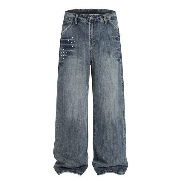 Trendy Brand Beaded Straight-Leg Jeans For Men American High Street Ins Loose Niche Washed Faded Wide-Leg Long Pants_viptrois.com