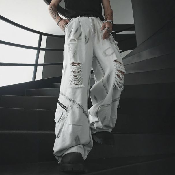 High Street Workwear Jeans, Men's Ripped Pants, RO Punk Washed Distressed, Floor Mopping Hip-Hop Wide Leg Pants_viptrois.com
